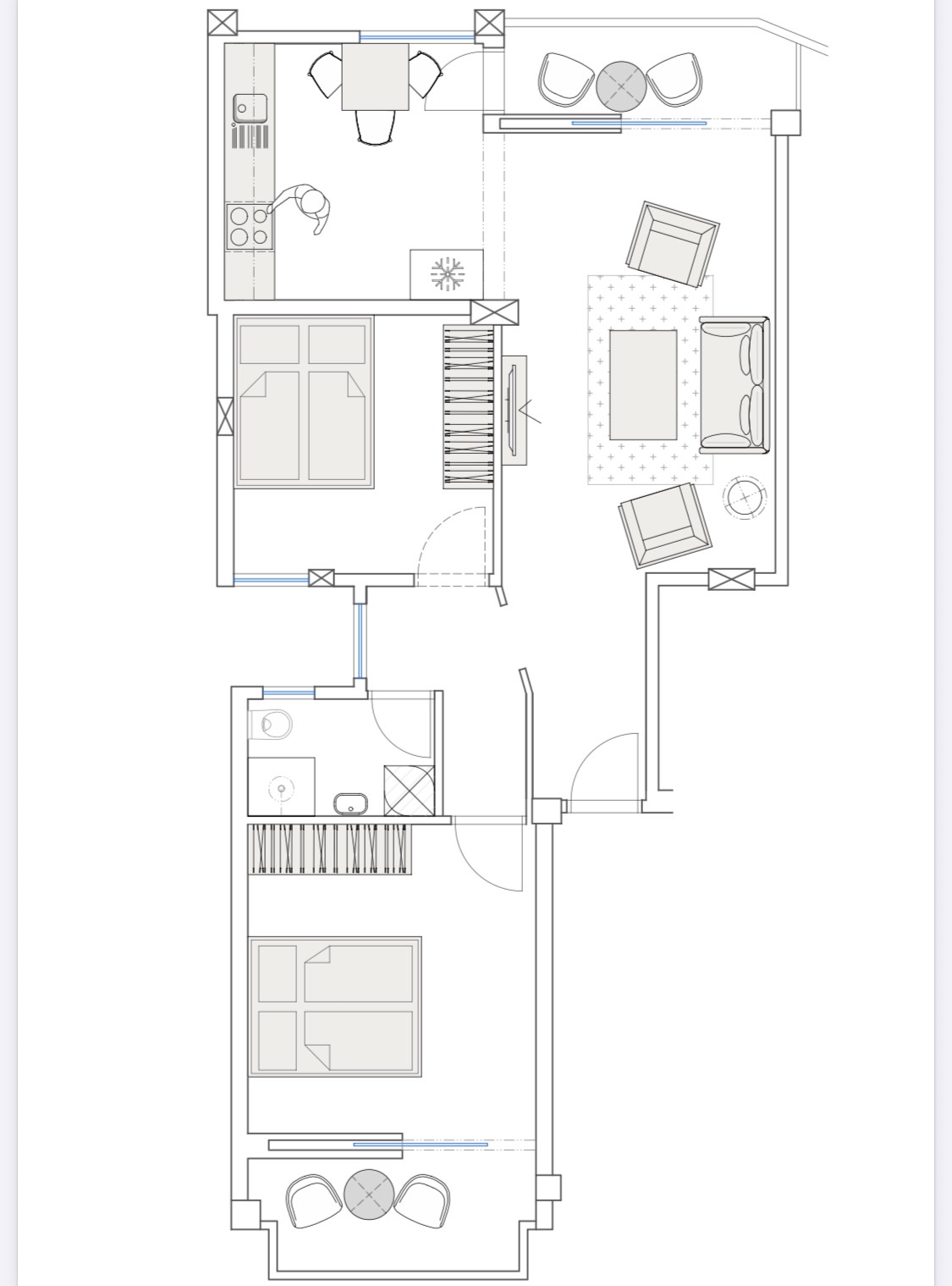 Floor plan of Costa Apartment showing two bedrooms, one bathroom, an open kitchen and living room, and two balconies